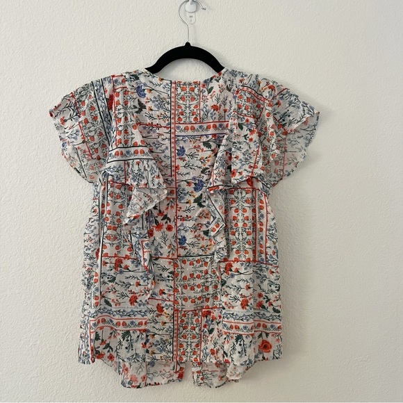 Let Me Be Anthropologie Red Embroidered Button Down Short Sleeve Blouse Size 2 - Picture 4 of 8